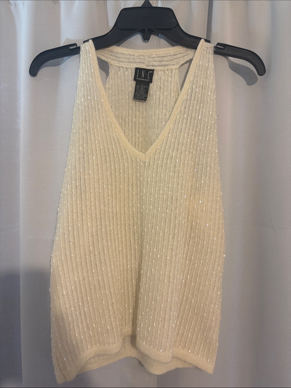 INC International Concepts Cream Ribbed V-Neck Sparkle Tank